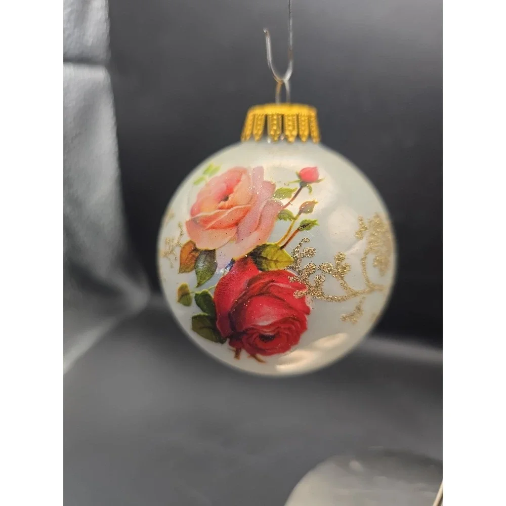 Krebs Christmas Glass Ornament West Germany Roses Gold Glitter Floral Vintage